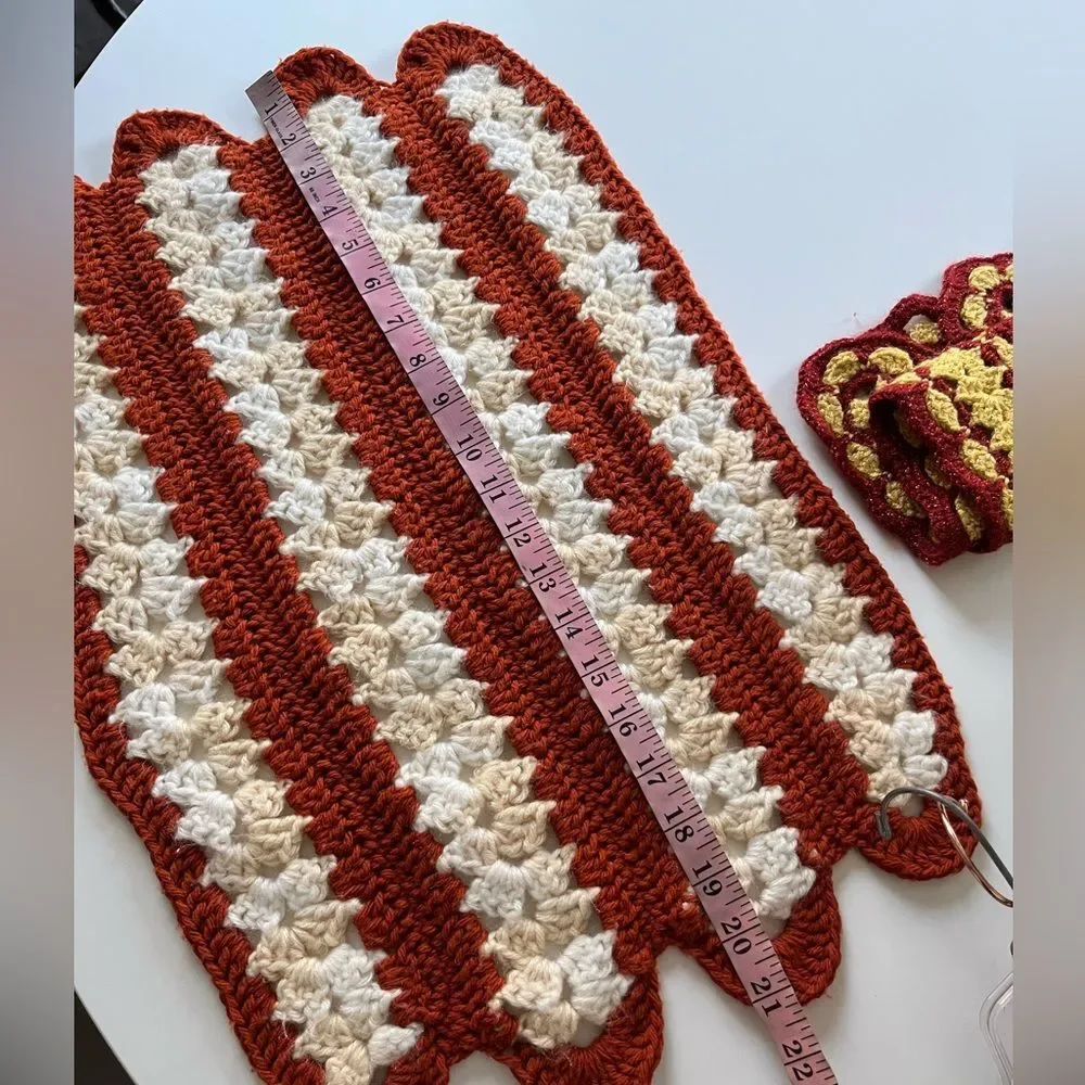 Vintage Handmade Crochet Set of 2 Red Gold Orange Cream Scallop Panels Decor